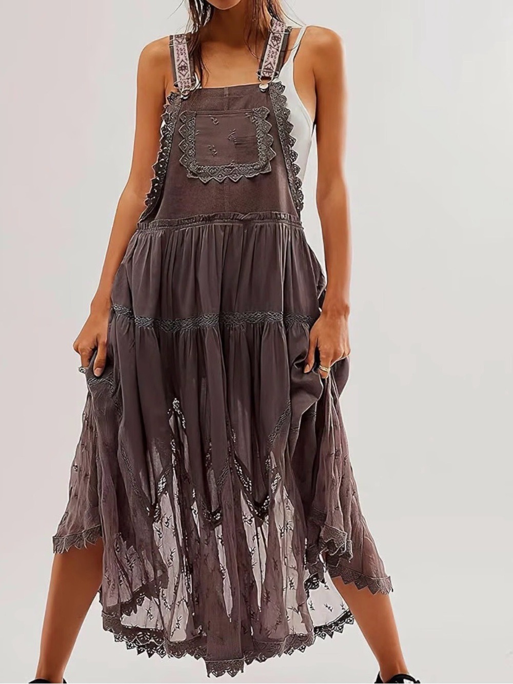 Womens Lace-Trim Brown Flowing Maxi Dress - Picture 2 of 6